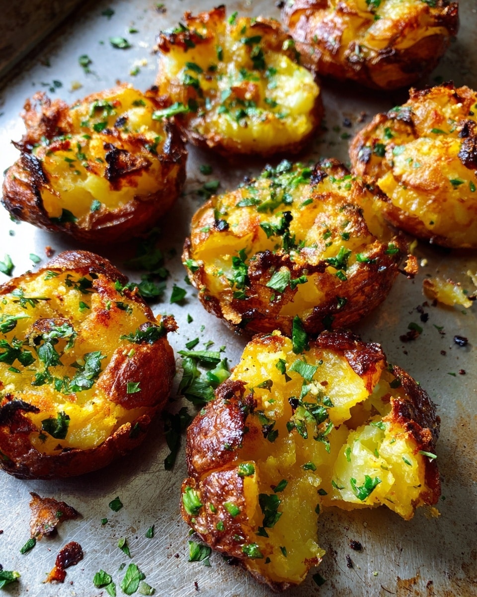 The image shows a close-up of smashed roasted potatoes with crispy golden-brown skin and soft pale yellow insides on a gray roasting tray. Each potato piece has cracks and crispy edges, revealing a tender inside that is speckled with green herbs and bits of seasoning. The surface of the potatoes has some melted cheese or oil, adding a slightly shiny texture. The tray has droplets of oil and small crispy bits scattered around. photo taken with an iphone --ar 4:5 --v 7