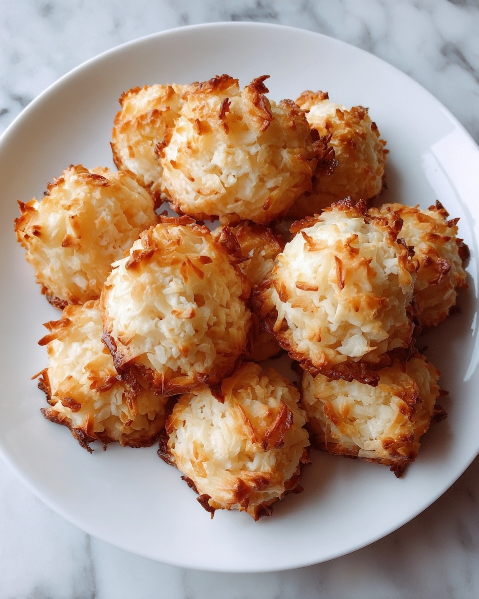 A white plate holds about ten small, golden-brown coconut macaroons arranged closely together. Each macaroon has a rough, textured surface with toasted edges, showing a mix of light tan and deeper caramel colors. The macaroons appear chewy with a slightly crispy outside. The plate rests on a white marbled surface. Photo taken with an iphone --ar 4:5 --v 7