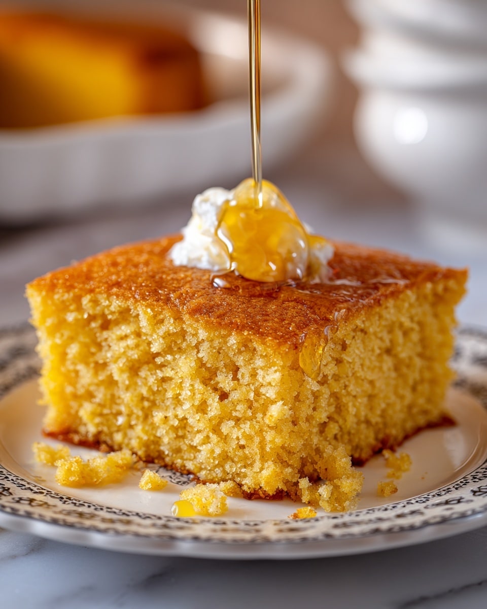 A close-up of a single thick square piece of golden yellow cornbread on a white plate with black decorative edges, showing a textured, slightly crumbly surface with a light brown crust. There is a small dollop of white butter melting on top, and amber honey being poured from above, dripping down the sides with a shiny, sticky look. The plate rests on a white marbled texture with a blue towel partially visible under it. The background is softly blurred, hinting at stacked white plates with a warm light. photo taken with an iphone --ar 4:5 --v 7