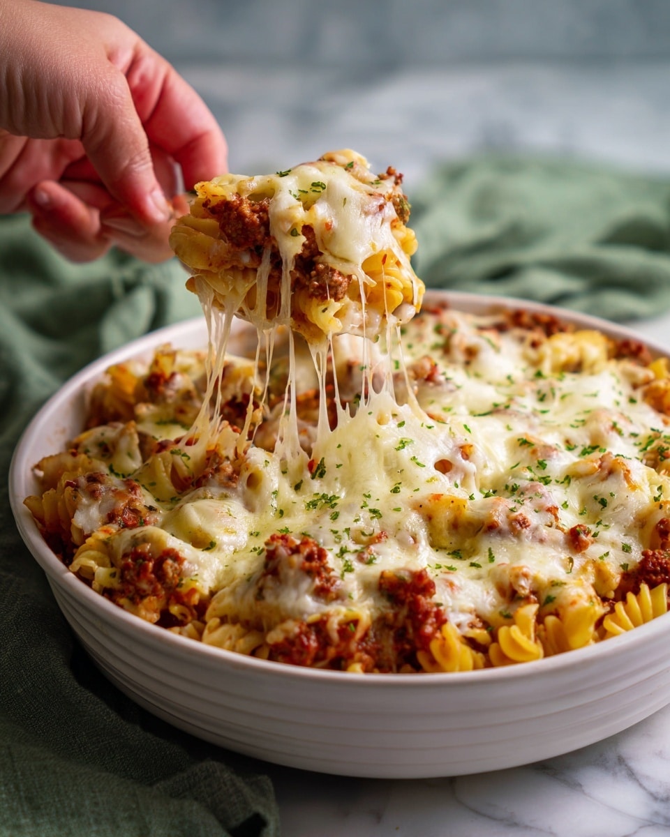 The image shows a close-up of a white bowl filled with baked pasta layered with melted cheese and chunky ground meat sauce. The pasta is tube-shaped and coated in a rich, red tomato sauce. On top, the melted cheese is creamy white with golden brown spots and stretchy strands pulling up from the bowl. Small bits of green herbs are scattered on the cheese, adding a touch of color and freshness. The background is a soft focus green and the bowl sits on a white marbled surface. Photo taken with an iphone --ar 4:5 --v 7