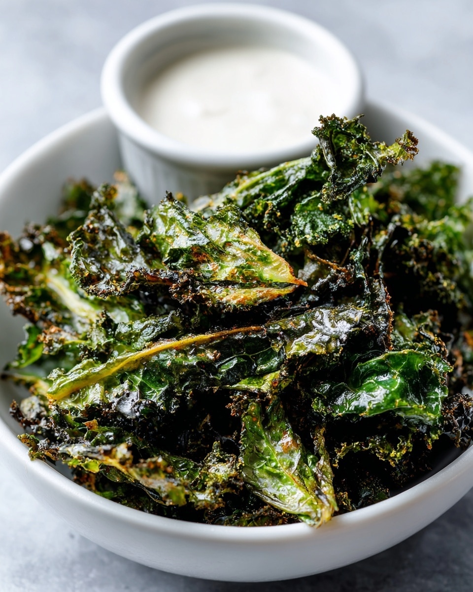 A close-up image shows a white bowl filled with crispy kale chips piled high. The kale pieces are dark green with a crunchy texture and some light areas where they look slightly fried or baked. Behind the kale in the bowl is a small white cup of creamy white dipping sauce. The bowl sits on a white marbled surface that adds a clean, bright look to the image. photo taken with an iphone --ar 4:5 --v 7