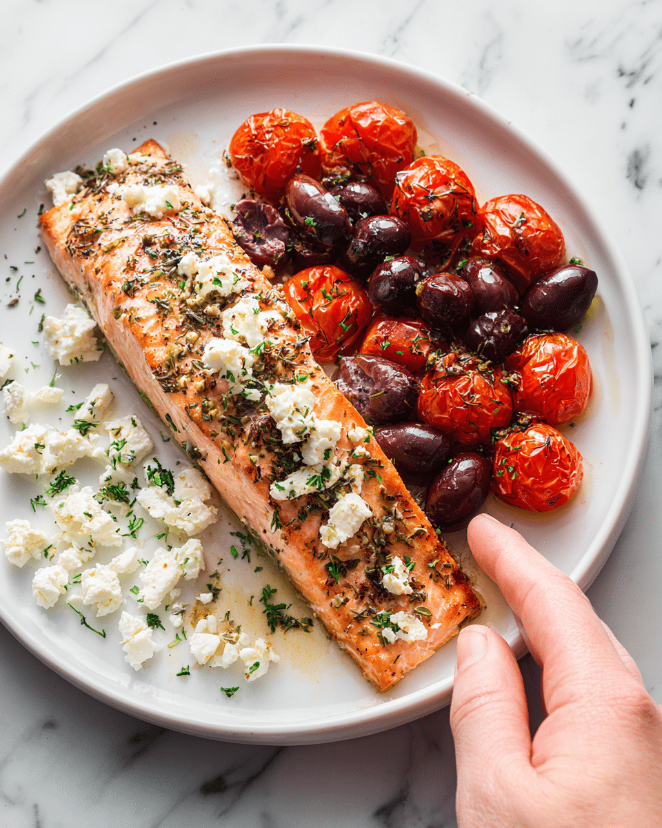 The image shows a white plate placed on a white marbled surface holding a cooked salmon fillet topped with small crumbles of white feta cheese and sprinkled with greenish dried herbs. Surrounding the salmon are bright red roasted cherry tomatoes and dark purple olives, with some extra feta cheese scattered around the plate. The salmon has a light pinkish-orange color with visible grill marks. A woman's hand is slightly touching the plate’s edge, and the overall scene is bright and fresh. Photo taken with an iphone --ar 4:5 --v 7