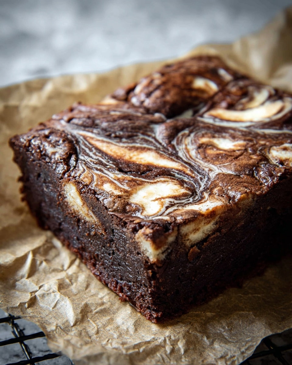 The image shows a close-up of a square chocolate brownie with thick, swirled white cream cheese on top, creating a marbled effect. The brownie has a rich, dark brown color with glossy texture, while the cream cheese swirls are smooth and bright white with some light browning on edges. It is placed on a piece of brown parchment paper resting on a cooling rack, set against a white marbled surface. Photo taken with an iphone --ar 4:5 --v 7