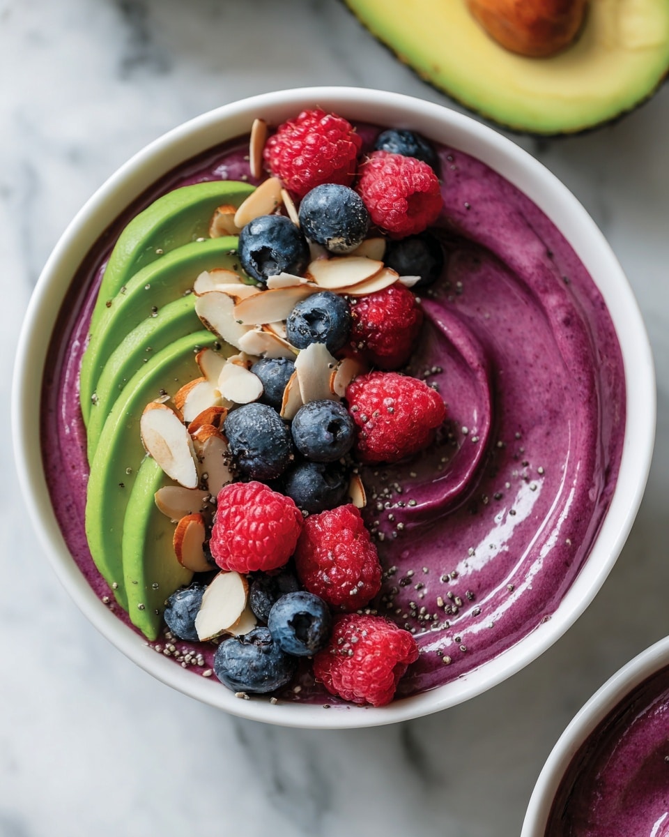 A white bowl contains a thick, creamy purple smoothie base that fills the bowl almost to the top, with a swirled texture. On one side, there are three thin slices of green avocado with smooth surfaces. Scattered over the top are bright red raspberries and deep blue blueberries, adding round and bumpy textures. Thin, light brown almond slices are sprinkled widely over the fruit, with some specks of black chia seeds adding small rough spots on the surface. The bowl is placed on a white marbled surface, next to a halved avocado with a bright green inside and yellow-green pit area, with part of another similar bowl slightly visible. Photo taken with an iphone --ar 4:5 --v 7