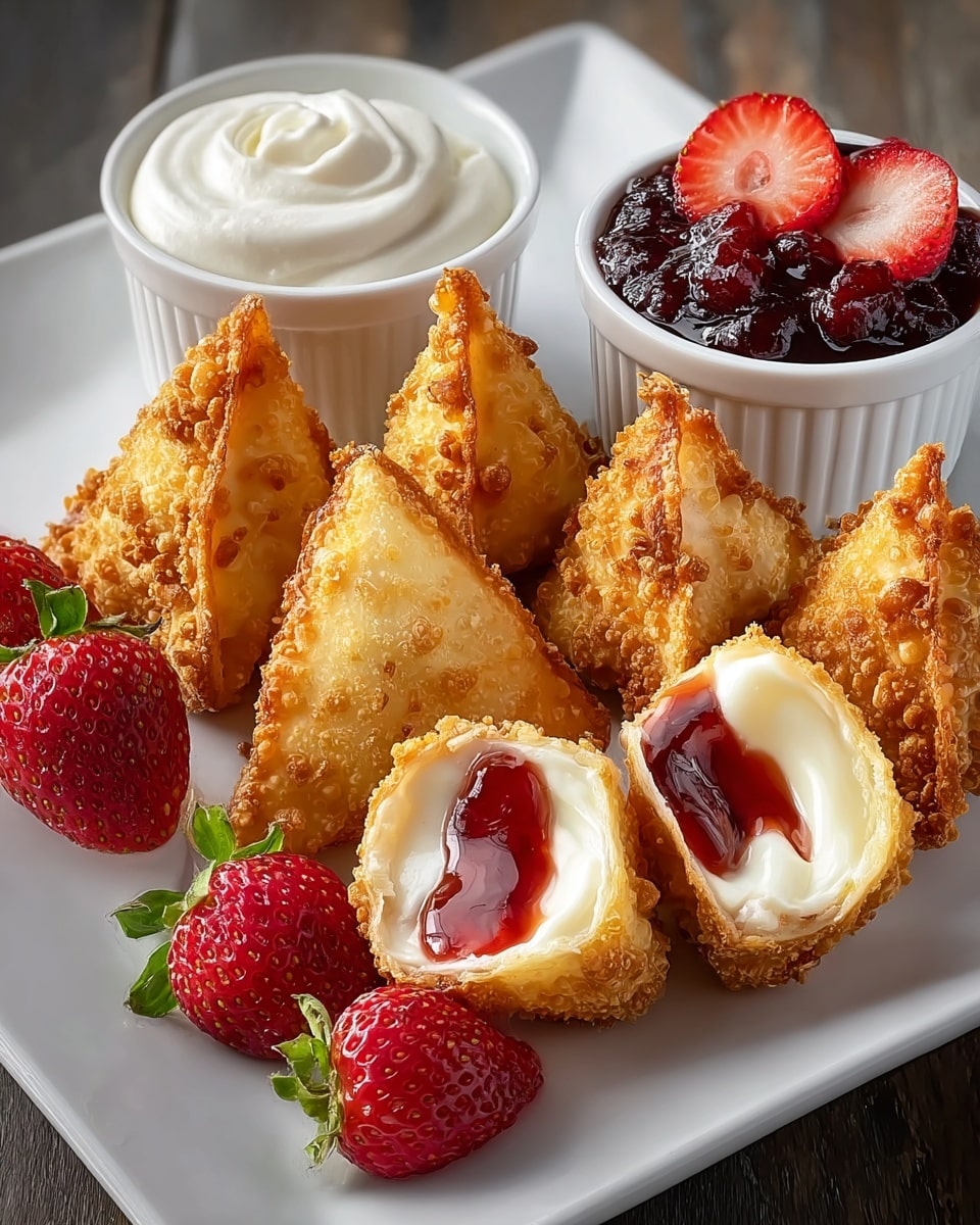 A white square plate holds eight golden-brown fried triangular pockets with a bubbly, crispy texture, some cut open showing creamy white filling topped with glossy red jam. Around the pockets are whole and sliced ripe strawberries adding bright red and green colors. Behind the pockets, two small white bowls sit side by side, one filled with smooth white cream and the other with chunky red strawberry jam. The plate rests on a white marbled surface. photo taken with an iphone --ar 4:5 --v 7