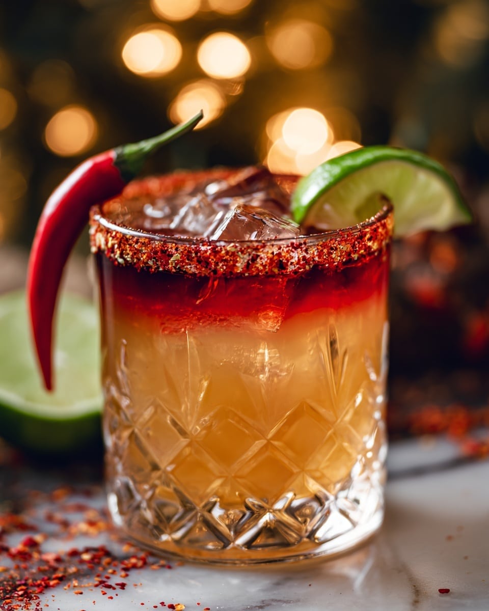 A clear, short glass with a diamond pattern holds a layered drink on a white marbled surface. The bottom layer is a deep red, gradually changing to a pale peach color with ice cubes floating inside. The rim of the glass is covered with chunky red chili flakes. On the edge, a fresh green lime slice is perched, and a small, curved red chili pepper rests on the rim. Warm blurred lights create a soft background glow. Photo taken with an iphone --ar 4:5 --v 7