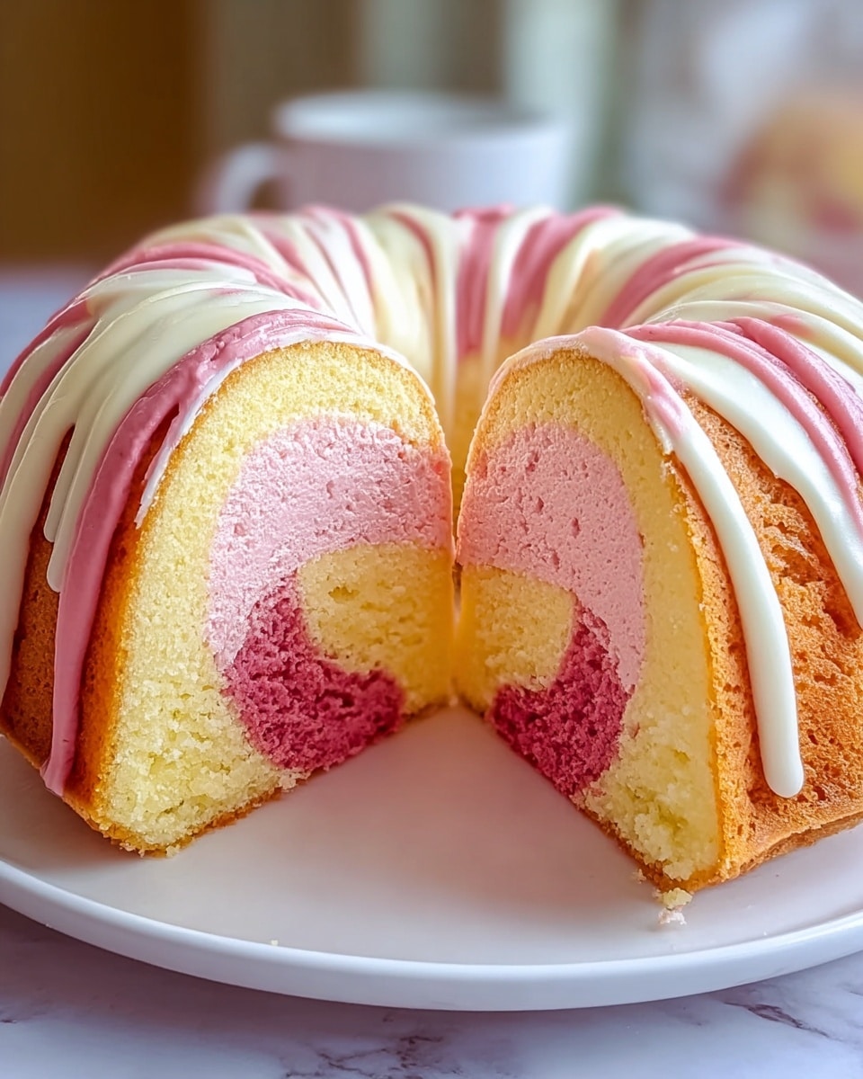 The image shows a bundt cake with three main layers. The outer layer is a light yellow sponge cake with a soft texture and tiny air holes. Inside this, there is a ring of darker pink cake with a dense but spongy look. The very center is filled with a thick layer of pale pink cream or mousse that looks smooth and fluffy. White icing is drizzled in thick stripes over the top, flowing down the ridges of the bundt shape. The cake sits on a white plate placed on a white marbled surface. Photo taken with an iphone --ar 4:5 --v 7