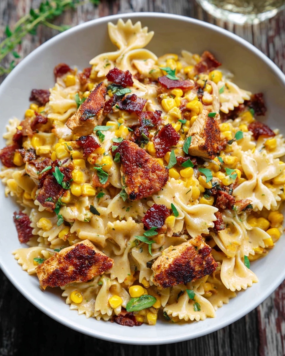 A white bowl holds a colorful pasta dish with several layers and textures: at the base are light yellow bow-tie pasta pieces mixed with bright yellow corn kernels scattered throughout. On top, there are browned, crispy pieces of chicken adding a rich, dark brown color contrasted by reddish-brown crispy bacon bits. The dish is garnished with fresh green herb leaves that add a touch of freshness and color. The bowl is placed on a dark wooden surface, giving a rustic feel. In the background, there are portions of corn on the cob served on white plates with green herb sprigs. photo taken with an iphone --ar 4:5 --v 7