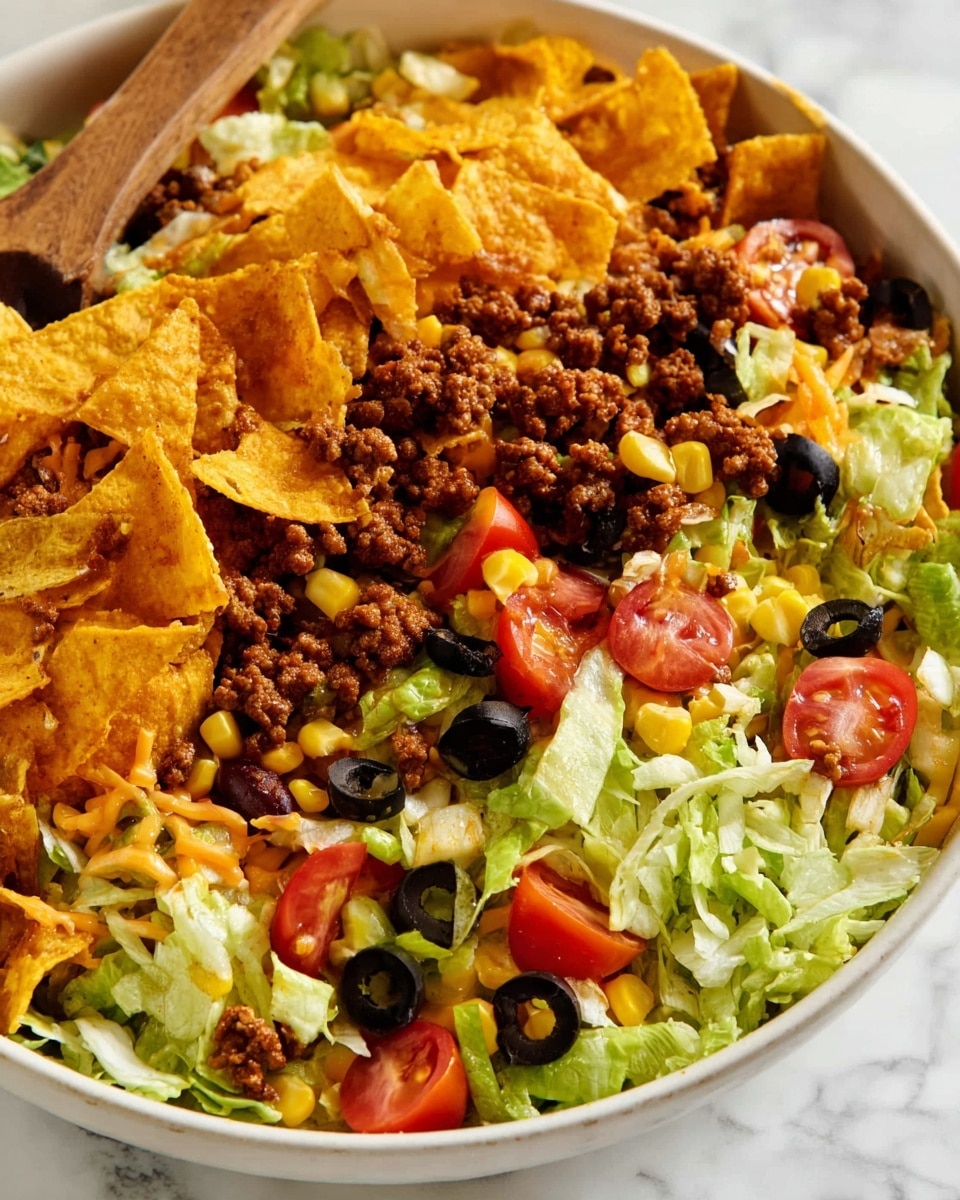 A large white bowl filled with layers of vibrant taco salad ingredients: the base consists of crispy yellow corn tortilla chips mixed with fresh green lettuce leaves scattered throughout; on top, there are juicy red cherry tomato halves, black beans, black olive slices, and sweet yellow corn kernels; crumbled cooked ground beef is evenly spread, adding a textured brown layer; the salad is mixed well with small bits of shredded cheese visible, creating a colorful, fresh, and hearty look; the dish is shown on a surface with a white marbled texture. photo taken with an iphone --ar 4:5 --v 7