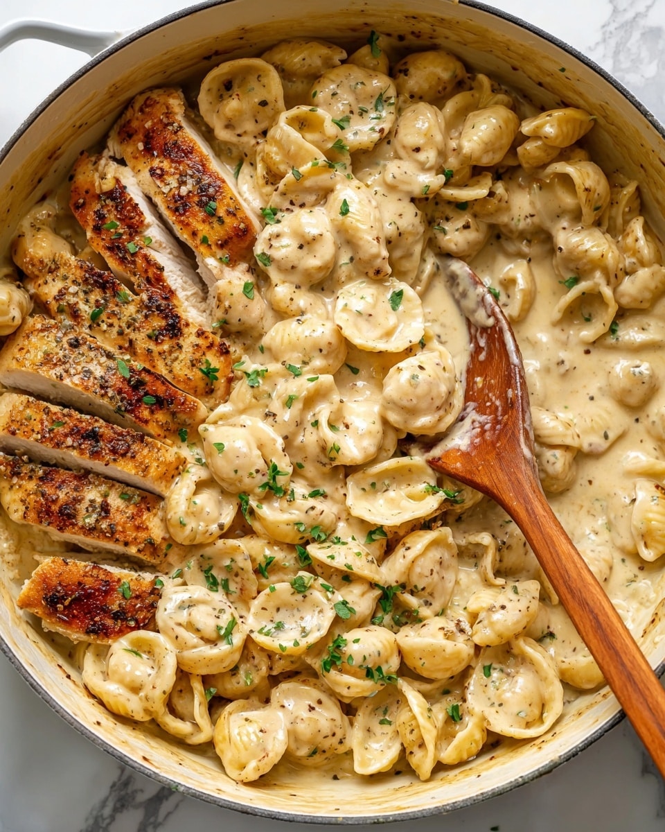 The image shows a pot filled with creamy pasta and grilled chicken. The first layer at the bottom is a smooth, light beige creamy sauce. On top of this sauce are small shell-shaped pasta pieces, coated evenly in the sauce, giving them a shiny and soft texture. To the right and slightly over the pasta, there are grilled chicken strips, golden brown with a slightly crispy outside and seasoned with black pepper and herbs. Some finely chopped green parsley is sprinkled over the dish, adding small vibrant green spots against the creamy backdrop. A wooden spoon rests on top, partially stirring the pasta and chicken. The pot is placed on a surface with a white marbled texture photo taken with an iphone --ar 4:5 --v 7