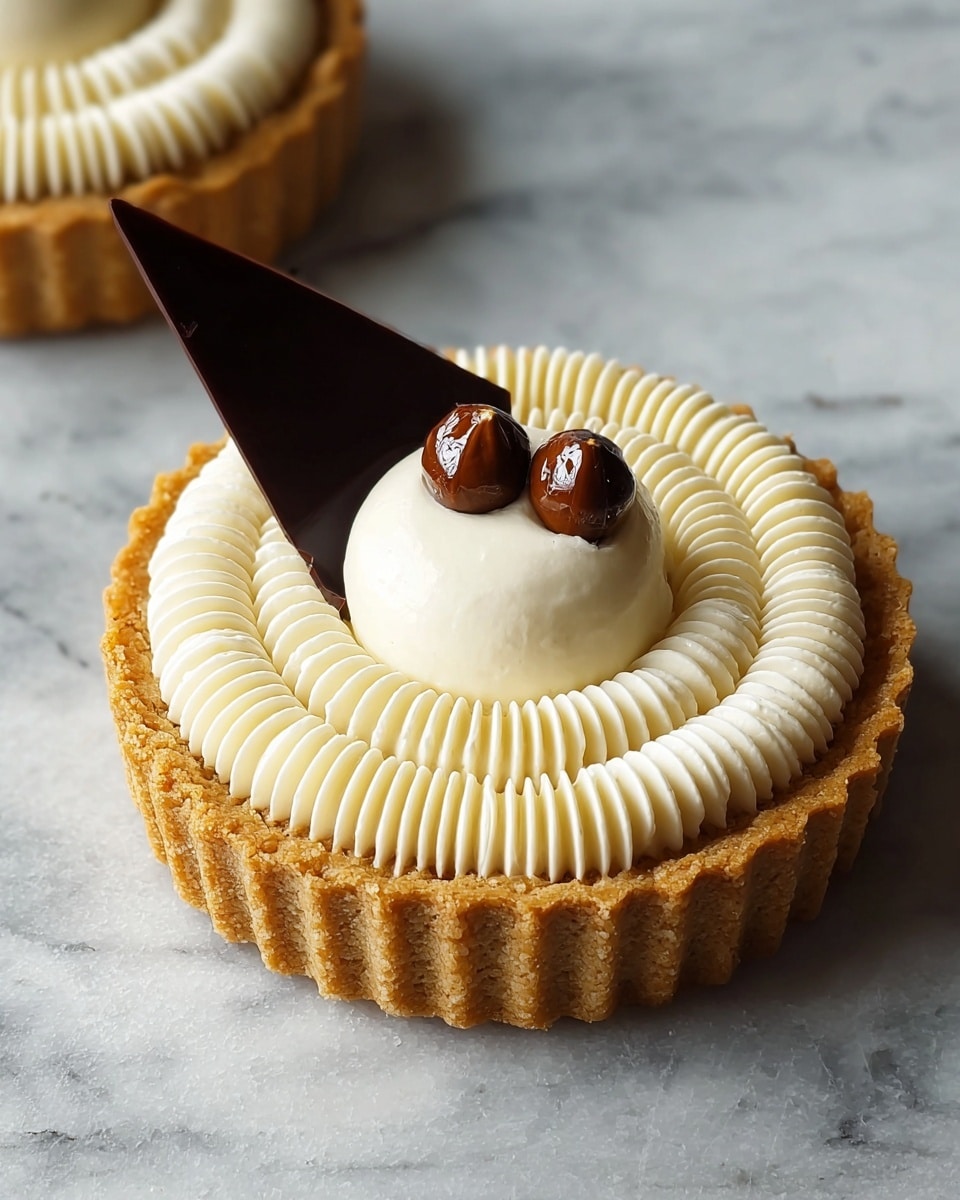 A small tart with a golden brown crumbly crust forms the base layer, topped with a smooth ring pattern of white cream that creates a spiral effect from the outer edge to the center. In the middle, there is a small round dollop of white cream, decorated with two glossy brown coffee beans on top. A single triangular dark chocolate piece leans against the side of the cream dollop, adding a dark contrast to the light frosting. The tart sits on a piece of brown parchment paper, all against a white marbled textured surface. photo taken with an iphone --ar 4:5 --v 7