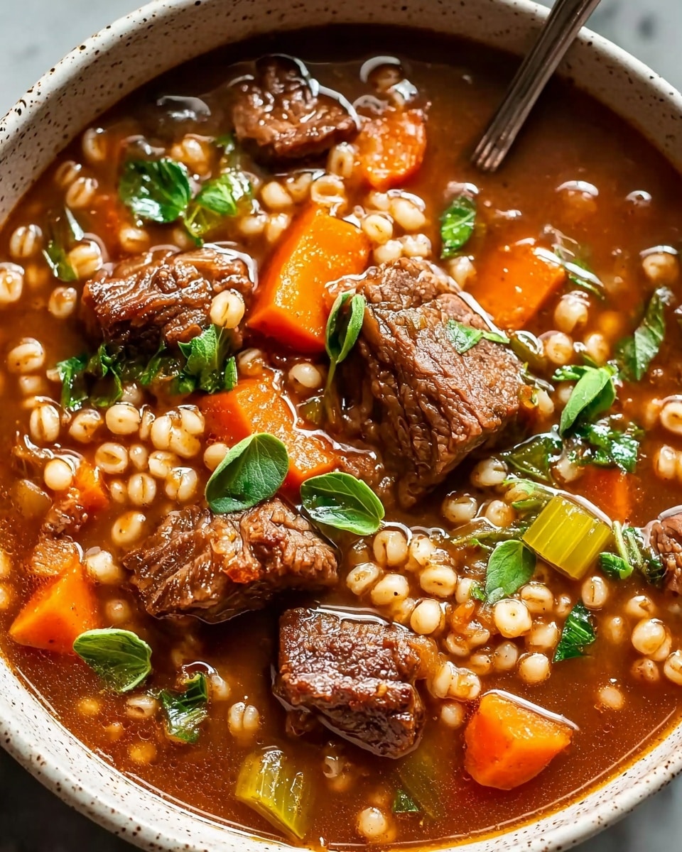 A close-up of a bowl filled with a hearty beef and barley stew. The bowl has a speckled gray pattern but is changed to white, holding a rich brown broth with a glossy surface. The stew contains several chunks of dark brown cooked beef, soft orange carrot pieces, light-colored barley grains, small green celery bits, and fresh green herb leaves floating on top. The spoon resting in the bowl is metallic and on the right side. The entire setting sits on a white marbled surface. photo taken with an iphone --ar 4:5 --v 7