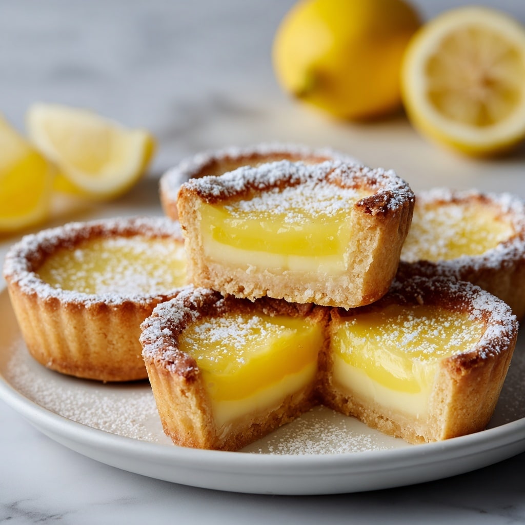 The image shows small round tartlets with a golden brown crust dusted with powdered sugar. One tartlet is cut open in the front, revealing a thick, glossy yellow filling that looks smooth and creamy inside. The tartlets are arranged closely on a white rectangular plate, with whole and halved lemons blurred in the background. The white marbled surface adds a clean and bright look to the scene. photo taken with an iphone --ar 4:5 --v 7