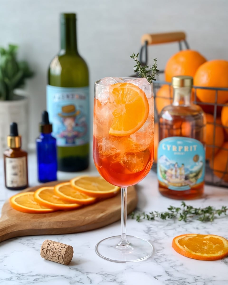 A clear wine glass filled with a bright orange-red drink contains several large, translucent ice cubes inside. The glass holds three main layers: the bottom bright orange-red liquid, a middle layer with ice cubes, and the top layer garnished with a round orange slice and a small sprig of green herb. The drink is placed on a white marbled surface with orange slices on a wooden board to the left and a few sprigs of green herbs lying nearby. In the background, there is a decorated plate, a bottle with a red liquid and light blue label, a dark blue bottle with a dropper, a green bottle with a blue label, and a basket of whole oranges. Photo taken with an iphone --ar 4:5 --v 7