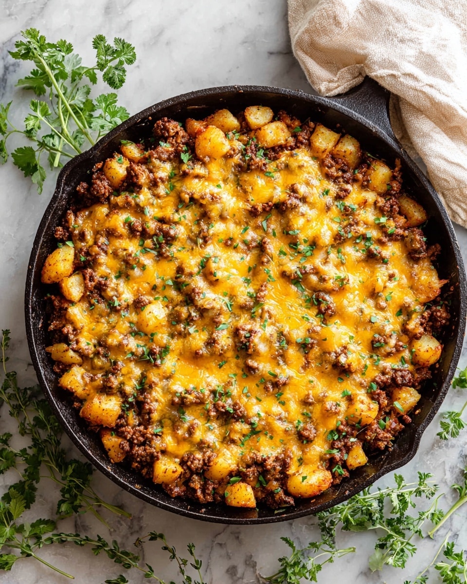 This image shows a cooked dish in a black cast iron pan placed on a white marbled surface. The dish has two main layers: the bottom layer consists of browned ground meat mixed with diced cooked potatoes, appearing slightly crispy and dark brown with some green herb bits mixed in; the top layer is a generous coating of melted cheddar cheese, golden yellow and bubbling, sprinkled with finely chopped fresh green herbs. There is a white cloth next to the pan and a few sprigs of fresh green cilantro placed around. photo taken with an iphone --ar 4:5 --v 7