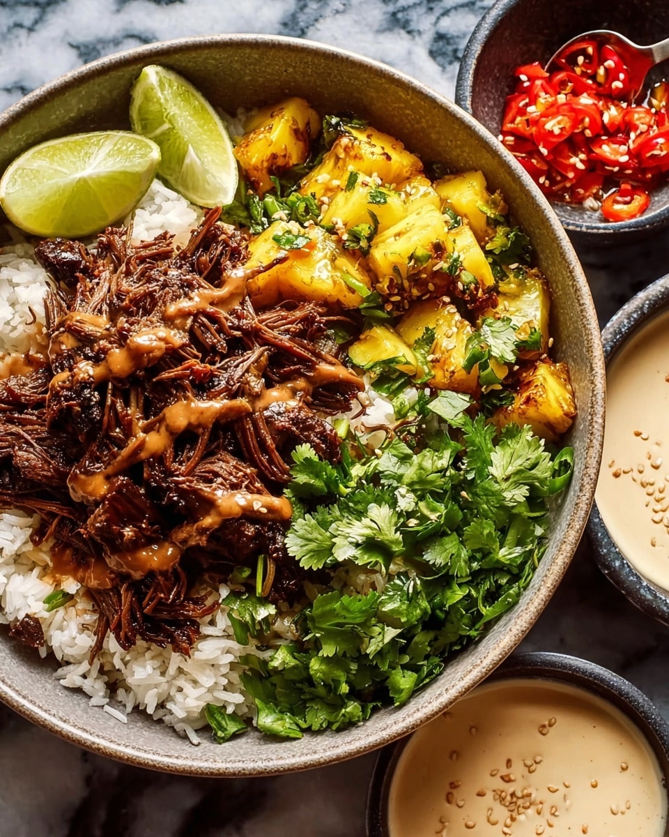A grey bowl contains a layered dish starting with a base of white rice at the bottom, topped on one side with bright green, fresh cilantro leaves and chopped green onions. Next to the greens are golden-brown roasted pineapple chunks, and covering the other half of the bowl is dark brown shredded meat drizzled with a light brown creamy sauce. A fresh lime wedge sits on the edge between the greens and rice. The bowl is placed on a surface with a white marbled texture, with small bowls of light brown sauce and red sauce beside it. photo taken with an iphone --ar 4:5 --v 7