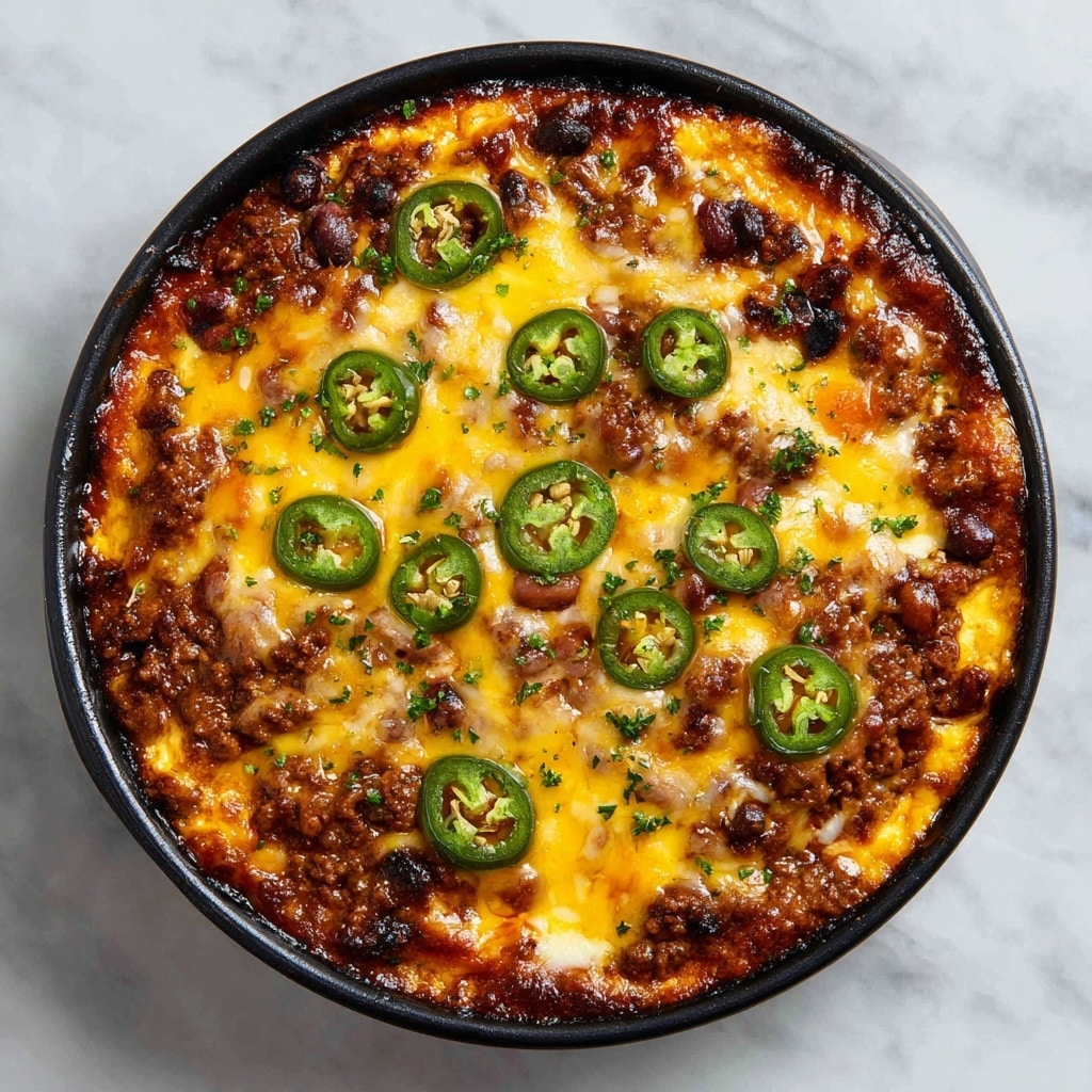 The image shows a round white bowl filled with a layered cheesy dish. The bottom layer is dark brown beans mixed with bits of cooked ground meat. On top of this, there is a thick layer of melted yellow and white cheese that looks soft and gooey. Scattered over the cheese are slices of green jalapeño peppers, adding small bright green circles across the top. The bowl sits on a white marbled surface. photo taken with an iphone --ar 4:5 --v 7