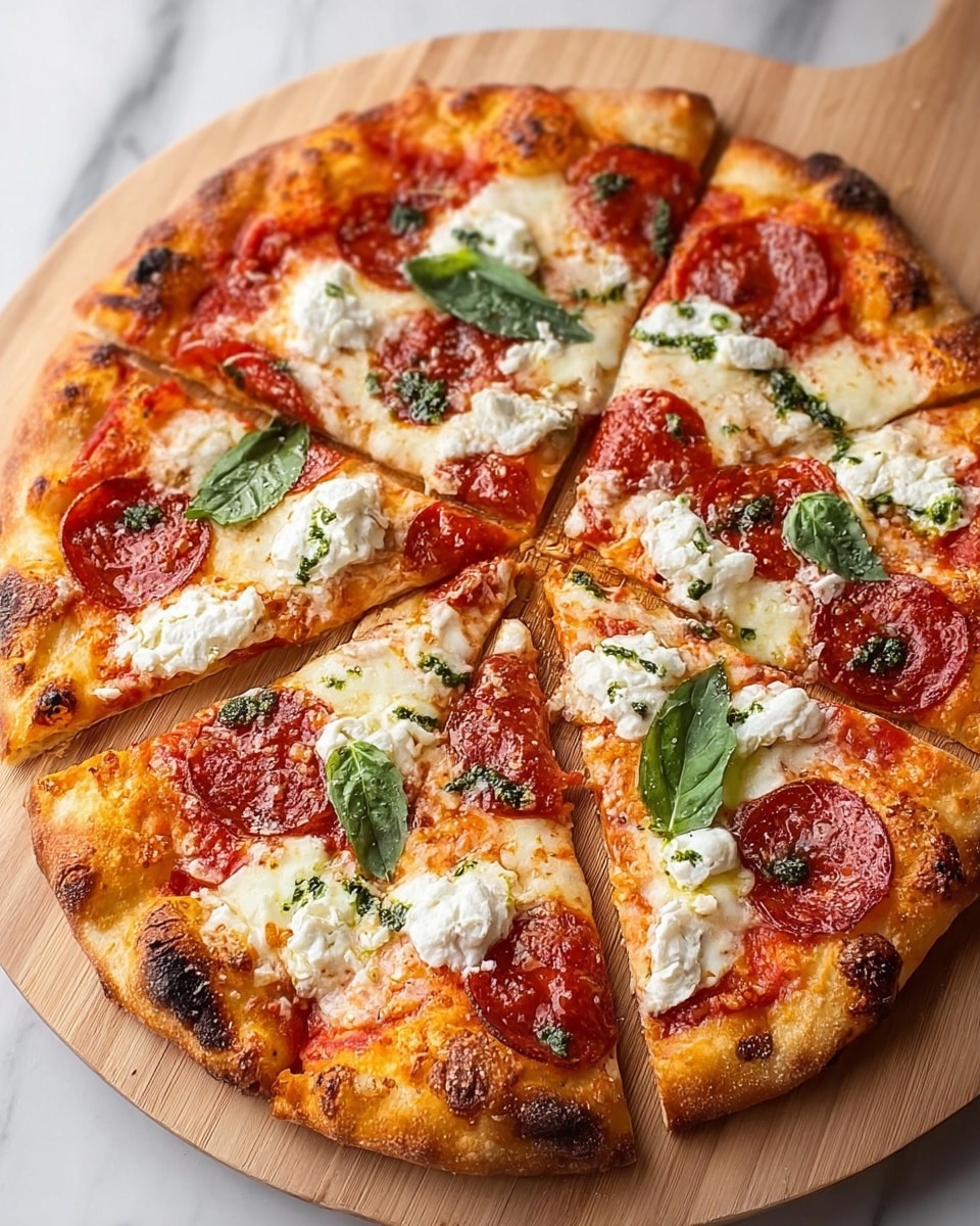 A round pizza with a golden-brown crust that has small charred spots around the edges, topped with a layer of melted white cheese and bright red tomato sauce visible near the crust. On top, there are evenly spread pepperoni slices with a glossy, oily texture, dollops of white ricotta cheese scattered across, and green drizzles of basil pesto. Fresh green basil leaves are placed on some slices, adding a fresh touch. The pizza is cut into six slices and is placed on a wooden board over a white marbled surface. Photo taken with an iphone --ar 4:5 --v 7