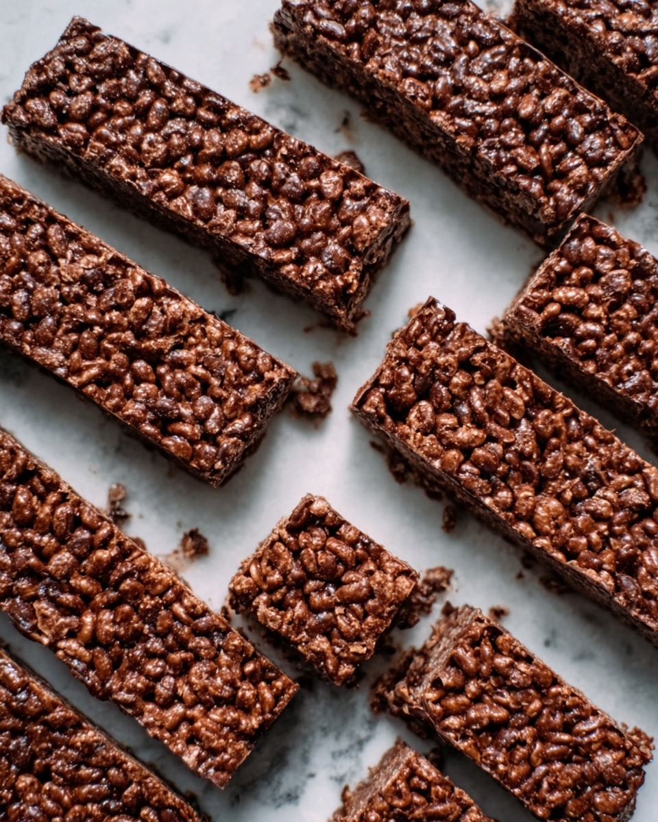 The image shows a group of rectangular chocolate rice crispy treats neatly arranged side by side on a white marbled textured surface. Each treat has a rough, bumpy texture with a shiny, slightly glossy dark brown chocolate coating covering crispy cereal bits, creating a dense, crunchy layer. The pieces are evenly cut, with clear edges and uniform thickness, revealing the compacted cereal inside. photo taken with an iphone --ar 4:5 --v 7