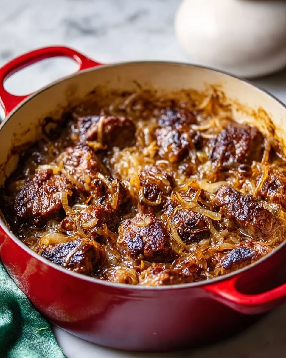 A round red cast iron pot with two handles sits on a white marbled surface, filled with a cooked dish that has a thick layer of browned meatballs or patties on the bottom, topped with a generous layer of caramelized onions that are golden brown and slightly translucent, with some crispy edges. The pot shows some baked sauce residue around the sides. In the background, there is a blurred light-colored object and a green cloth. photo taken with an iphone --ar 4:5 --v 7