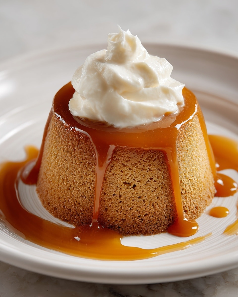 A single round beige cake with a soft, spongy texture sits in the center of a white plate, topped with a swirl of white whipped cream. A thick layer of golden caramel sauce covers the top of the cake and flows down its sides onto the plate, creating a glossy pool around the base. The cake's porous surface is visible, giving it a light and airy look. The background features a white marbled texture. photo taken with an iphone --ar 4:5 --v 7