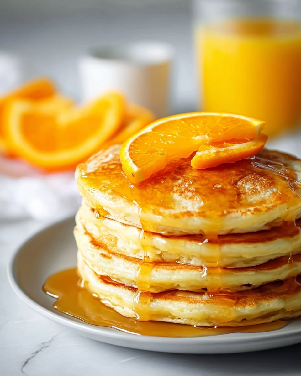 A stack of four thick, fluffy pancakes sits on a white plate, each pancake golden with a slightly crisp edge and soft, spongy texture showing small air bubbles. The pancakes are generously coated with glossy, amber-colored syrup that drips down the sides, catching the light. On top of the stack is a thin, bright orange slice with visible juicy segments and a smooth peel, adding a fresh and vibrant touch. The background is softly blurred with warm tones and hints of more orange slices and a glass of orange juice, all placed on a white marbled surface. Photo taken with an iphone --ar 4:5 --v 7
