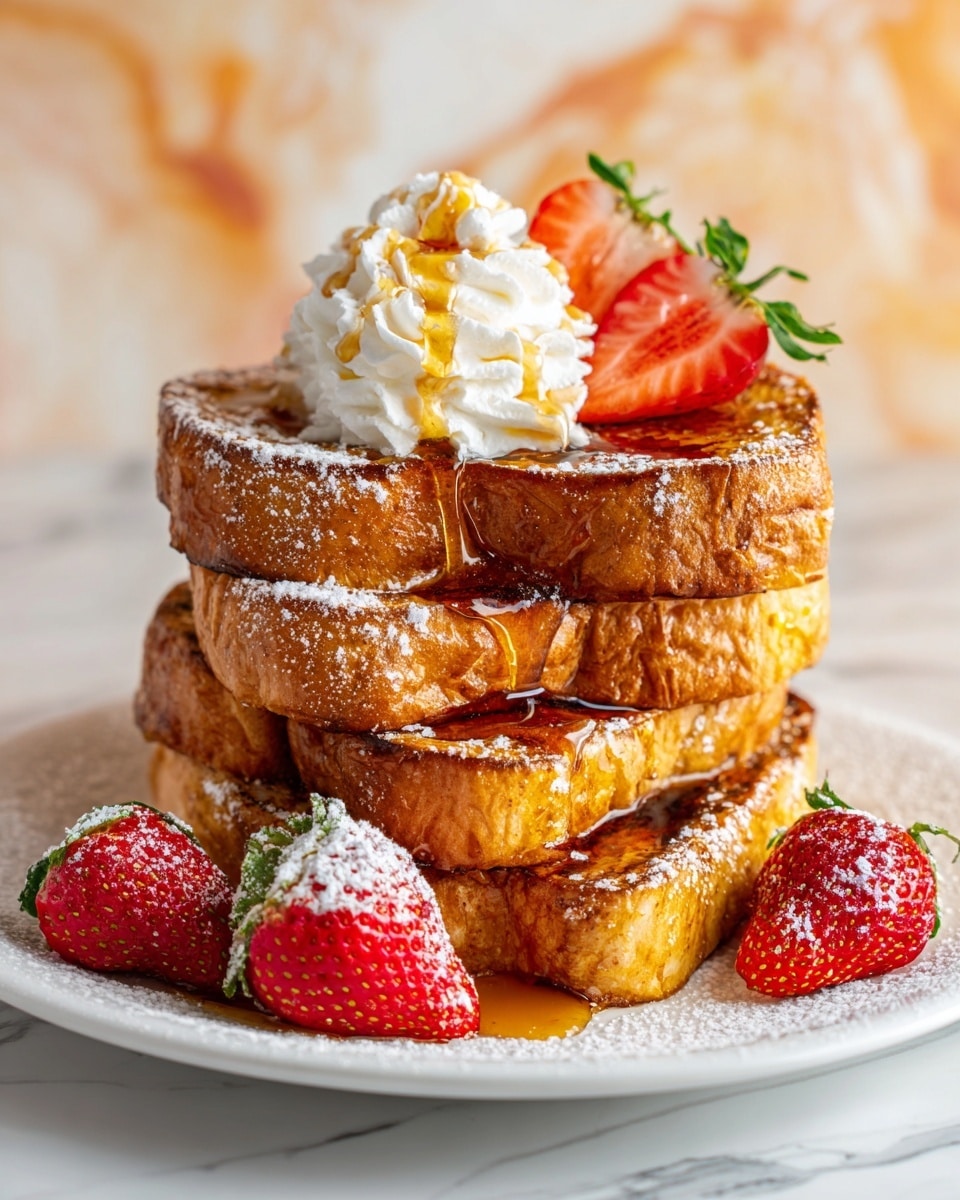 A stack of four thick, golden-brown French toast slices sits in the center of a white plate, each slice toasted with a slightly crispy texture on the edges and a soft, moist interior. Drizzled syrup cascades down the sides of the toast stack, pooling slightly at the base. On top, there is a dollop of whipped cream crowned by a small pat of melting butter and a drizzle of syrup. Three bright red strawberries with green leaves rest around the base of the toast, lightly dusted with powdered sugar, which is also sprinkled over the toast edges and plate rim. The background features a soft-focus, warm light glow on a white marbled texture surface. Photo taken with an iphone --ar 4:5 --v 7