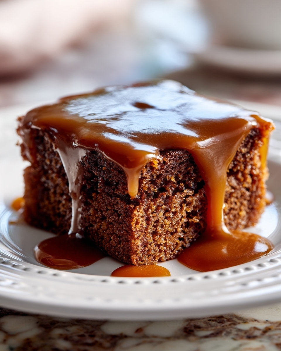 A close-up of a single square piece of chocolate cake with two visible layers, showing a soft and moist crumb texture in a medium brown color. The cake is topped with a thick, glossy caramel sauce that drips down the sides and pools slightly onto the white plate, creating an inviting look. The plate has a subtle dotted border detail, and the setting shows a white marbled surface in the background with soft natural lighting. Photo taken with an iphone --ar 4:5 --v 7