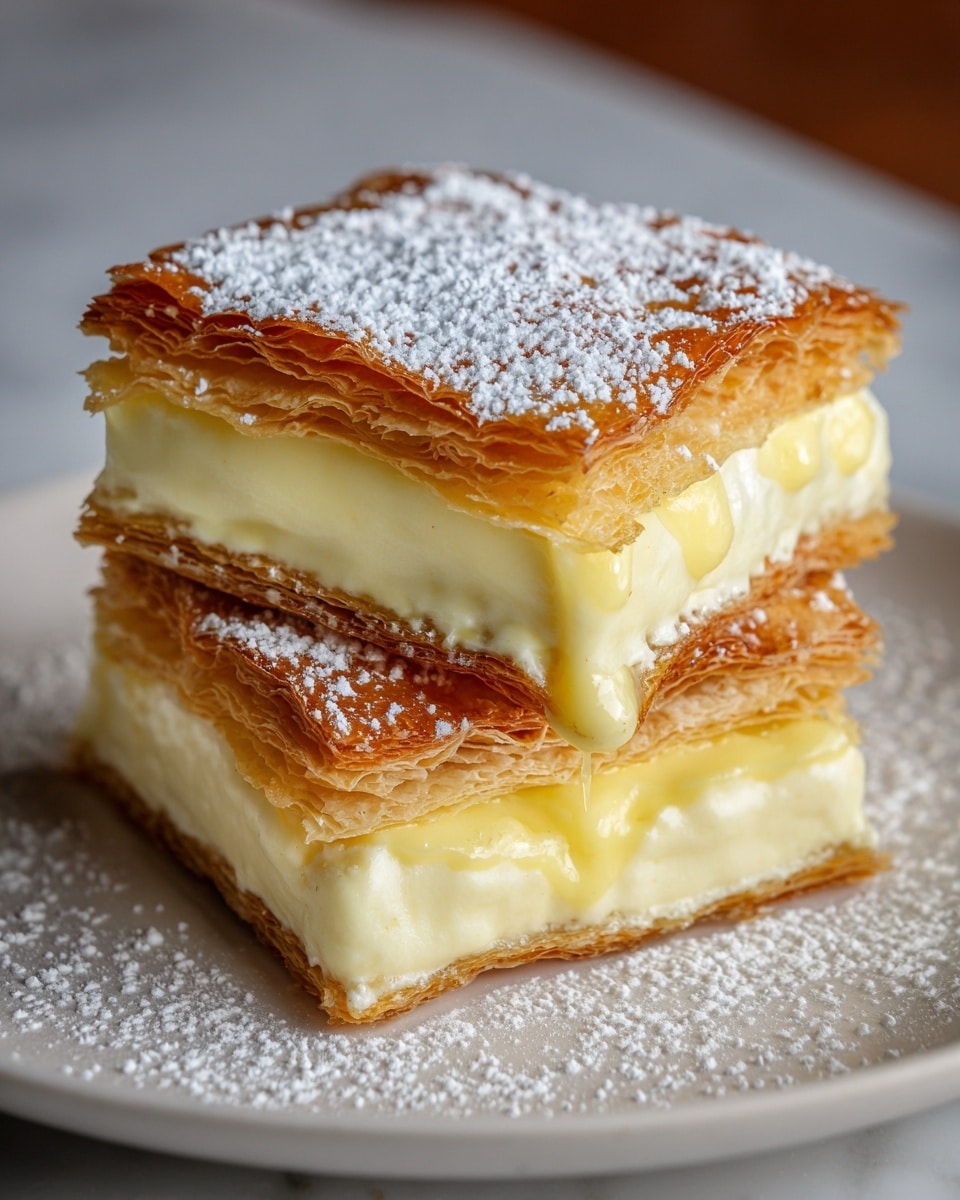 Two pieces of rectangular layered pastry sit stacked on a round white plate over a white marbled texture. Each pastry has three layers of golden-brown crispy puff pastry with a shiny, flaky texture. Between the pastry layers, there is a thick, smooth layer of pale yellow custard cream and dollops of white whipped cream. The top puff pastry layer is dusted generously with white powdered sugar, which is also scattered around the plate. The layers are clearly visible, showing a mix of crunchy and creamy textures. photo taken with an iphone --ar 4:5 --v 7