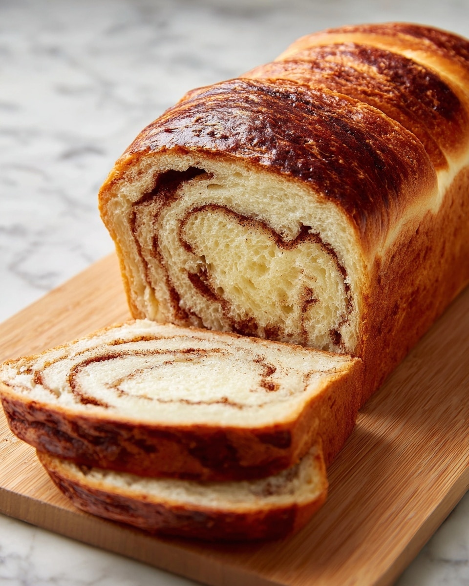 A close-up image of a cinnamon swirl bread loaf resting on a light wooden board, showing a rich golden-brown crust with slightly darker, toasted patches. The bread is sliced on one end, revealing soft, fluffy inner layers with visible swirls of cinnamon filling winding through the light beige dough. The texture looks slightly crunchy on the outside and soft inside. The background is a white marbled texture. photo taken with an iphone --ar 4:5 --v 7