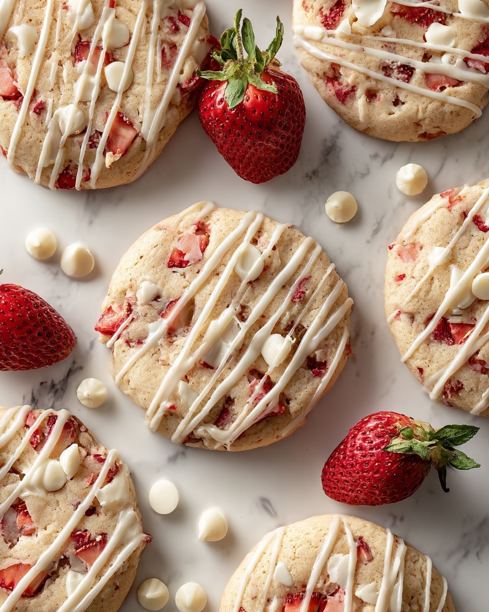 The image shows soft, round cookies with chunks of red strawberries embedded inside them. Each cookie is topped with thin white icing drizzle forming diagonal lines across the surface, adding a sweet shine. The cookies have a light golden-brown color and a slightly rough texture. Scattered around the cookies are small white chocolate chips and whole fresh strawberries, some cut in half showing their juicy red interior and seeds. The treats rest on a white marbled surface that adds a clean and bright contrast to the warm tones of the cookies and strawberries. Photo taken with an iphone --ar 4:5 --v 7