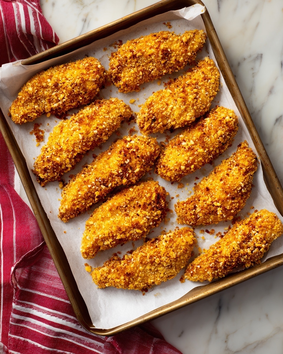 The image shows a baking tray lined with white parchment paper holding nine evenly spaced breaded chicken tenders. Each tender is coated with a golden-brown crumb mixture that has a rough, crispy texture with small breadcrumb pieces visible. The tray rests on a white marbled surface with a red striped cloth partially visible in the top left corner. The tenders are laid out in three rows of three, all similarly sized and shaped, highlighting their crunchy exterior. photo taken with an iphone --ar 4:5 --v 7