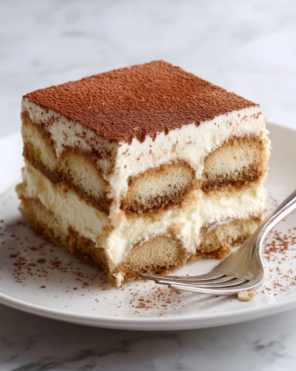 The image shows a square piece of tiramisu on a white plate placed on a white marbled surface. The dessert has three visible layers: a bottom layer of soft, light brown soaked ladyfingers, a thick middle layer of creamy white mascarpone cheese, and a top layer of light brown ladyfingers dusted generously with cocoa powder. In front of the tiramisu, a silver fork holds a small bite showing the soft texture of the dessert. The background is slightly blurred, keeping the focus on the tiramisu. photo taken with an iphone --ar 4:5 --v 7