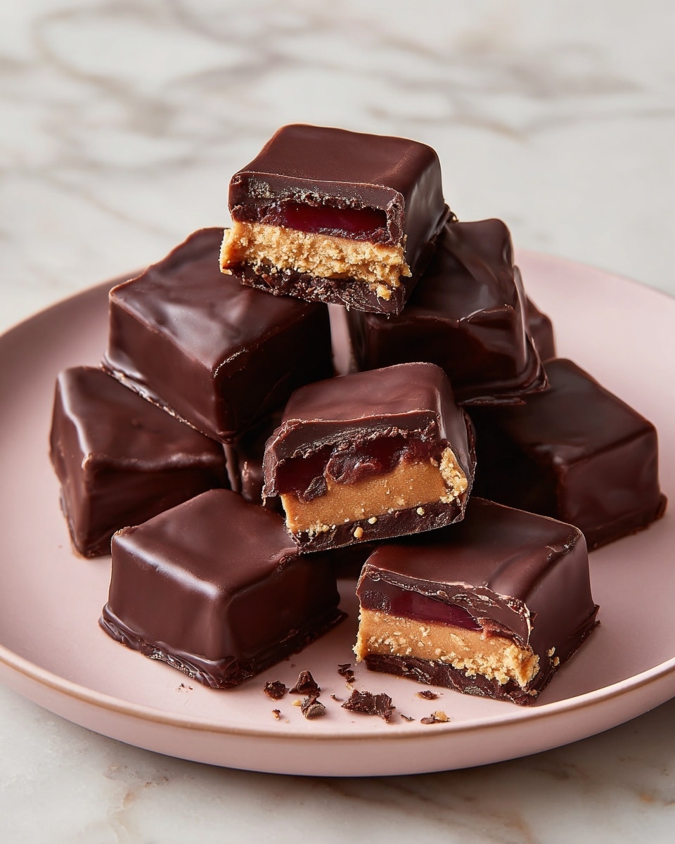 A white plate with a pinkish tone holds a pile of small square chocolate candies, each piece covered with a shiny dark brown chocolate layer on the outside. The candies are stacked in a slightly uneven heap, showing smooth and glossy textures. Two squares in the front are cut open to reveal three layers: a top shiny dark chocolate layer, a middle layer of creamy tan peanut butter, and a bright red jelly center at the core. Some tiny crumbs of chocolate and bits of filling are visible on the candy edges. The plate rests on a white marbled background with a soft, light color. photo taken with an iphone --ar 4:5 --v 7