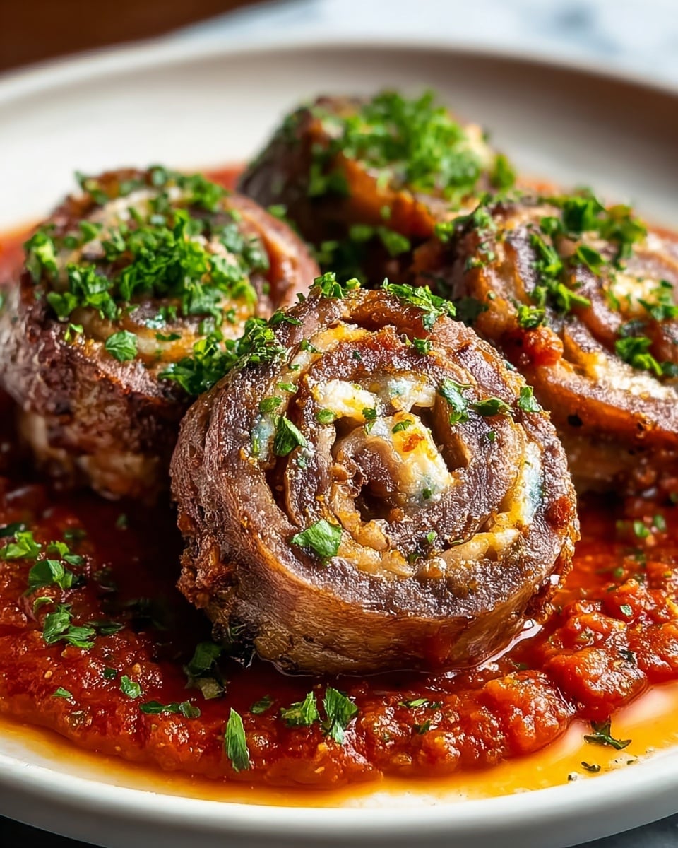 Three rolled meat pieces sit closely on a white plate, each roll showing a spiral of browned meat and light yellowish cheese inside, topped with finely chopped green herbs. The meat outer layer is crispy and dark brown with a slightly rough texture. Underneath, a thick, chunky red tomato sauce pools around the rolls, garnished with small bits of green herbs. The background is a white marbled texture. photo taken with an iphone --ar 4:5 --v 7