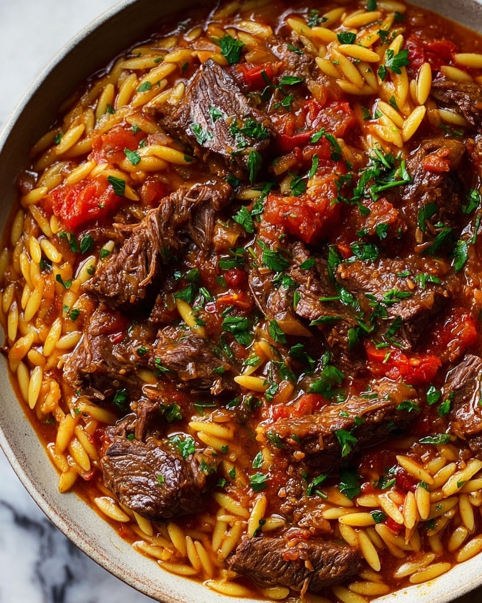 A white bowl filled with a rich stew featuring large pieces of dark brown cooked beef scattered evenly throughout. Mixed in are small, golden, rice-shaped pasta pieces coated in a reddish-brown thick sauce. Bright red chunks of cooked tomatoes punctuate the dish, adding color contrast. The stew is garnished generously with small bits of bright green fresh herbs, spread over the surface, adding a fresh touch. The bowl sits on a white marbled texture surface. photo taken with an iphone --ar 4:5 --v 7