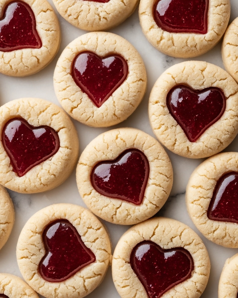The image shows many round cookies with a light tan color and a cracked surface, each topped with a smooth, shiny, dark red heart shape in the center. The hearts are slightly raised and stand out clearly against the pale cookie base. The cookies are scattered closely together on a white marbled surface, creating a warm and inviting pattern with the contrast between the soft cookie color and the rich red filling. Photo taken with an iphone --ar 4:5 --v 7