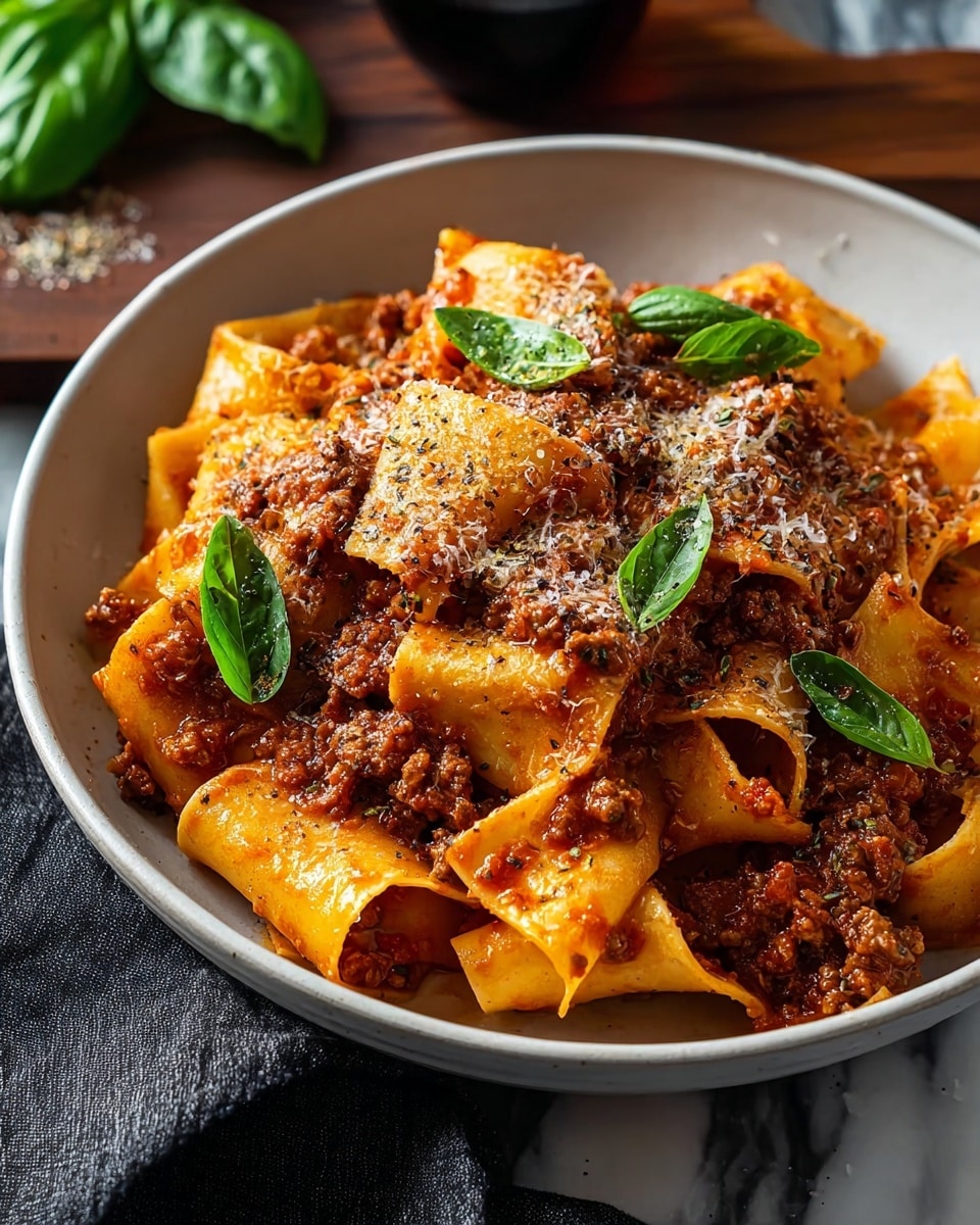 A deep bowl filled with wide, flat yellow pasta ribbons coated in rich, thick red-brown meat sauce with visible chunks of ground meat, sprinkled with finely grated cheese and chopped green herbs; the dish is topped with fresh green basil leaves, placed on a white marbled surface with a piece of light brown bread in the background, creating a warm, rustic feel. photo taken with an iphone --ar 4:5 --v 7