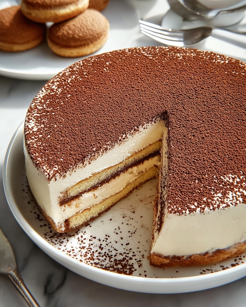 A round cake with three clear layers sits in a white bowl on a white marbled surface. The top layer is thick and creamy white, covered evenly with a fine, dark brown cocoa powder dusting. Below the top, there are two alternating layers of the same creamy white filling and a light brown sponge, making three visible layers in total. The cake has a smooth, soft texture, with the cocoa powder also lightly scattered around the inside edge of the bowl. In the background, there are some round cream-filled cookies dusted with cocoa powder, and a silver fork rests near the bowl. Photo taken with an iphone --ar 4:5 --v 7