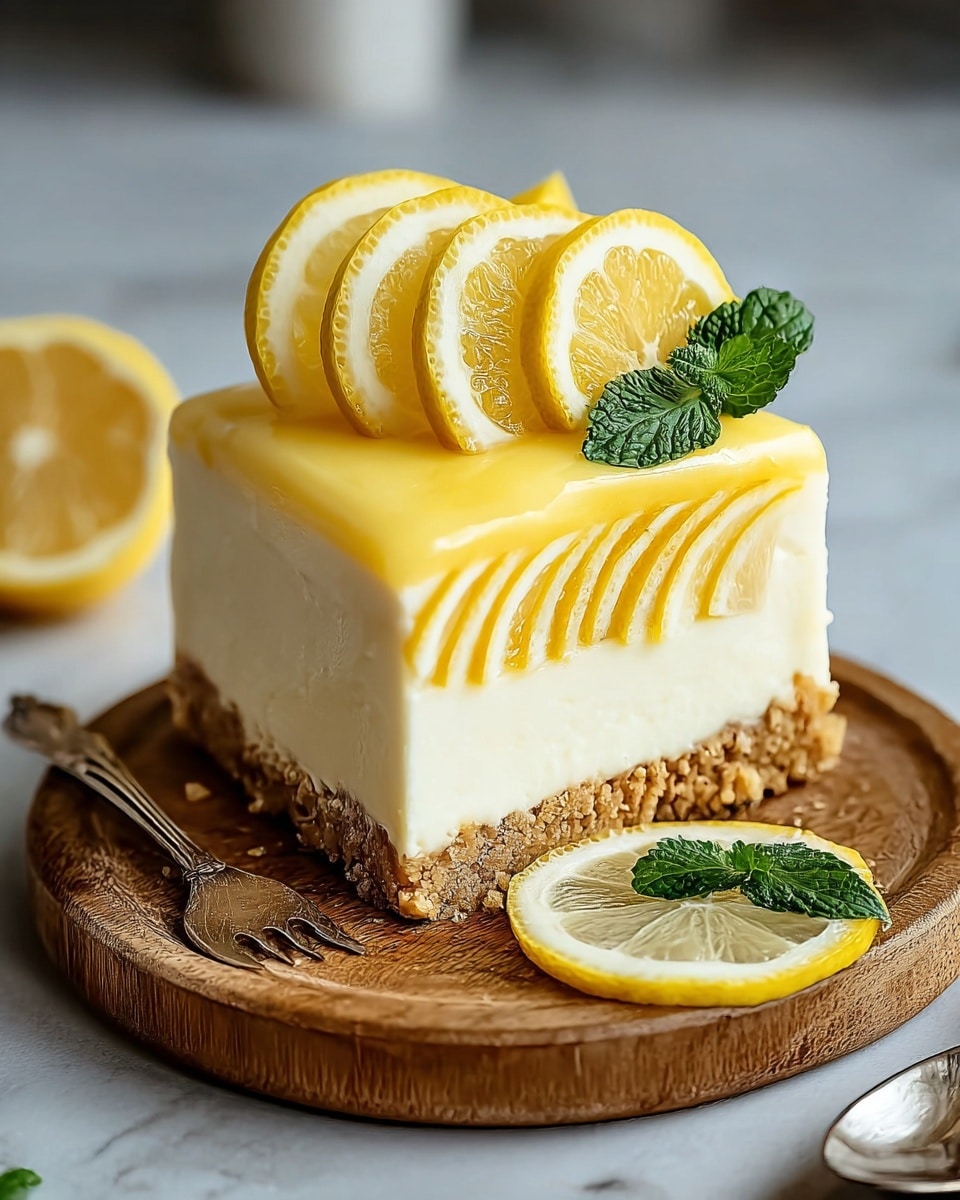 A slice of lemon cheesecake is shown with four distinct layers: the bottom layer is a crumbly brown crust with a rough texture; above it is a thick, smooth white cheesecake layer; next is a middle layer with alternating white cream and bright yellow lemon curd in a striped pattern; the top layer is a thin, glossy pale yellow jelly. On top of the slice, there are several semi-circular lemon slices stacked vertically, with two green mint leaves as garnish. The cake is on a round wooden board, placed on a white marbled surface, with lemon wedges and green mint leaves scattered around, and a spoon to the right. Photo taken with an iphone --ar 4:5 --v 7