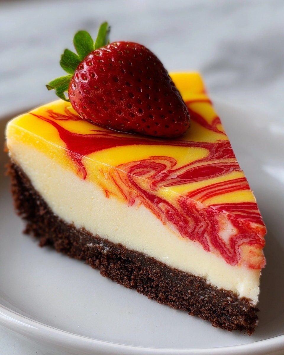 A slice of cheesecake with three clear layers sits on a white plate over a white marbled texture. The bottom layer is thin and dark brown, crumbly like a chocolate cookie crust. Above it is a thick, creamy white layer of smooth cheesecake. The topmost layer features bright swirls of red and yellow jelly that blend and twist together, creating a glossy, colorful pattern. A fresh red strawberry with green leaves rests on the cheesecake slice, adding a fresh look. photo taken with an iphone --ar 4:5 --v 7