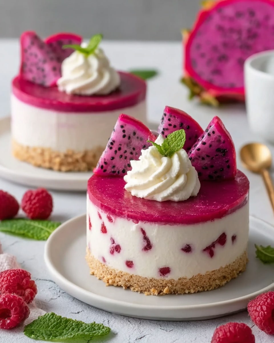 A small round cheesecake with three visible layers sits on a white plate on a white marbled surface. The bottom layer is a crumbly golden brown crust, the middle layer is thick, creamy white with small berry bits inside, and the top layer is a smooth, bright pink fruit glaze. On top, a swirl of white whipped cream is placed at the center, decorated with a small green mint leaf and a wedge of pink dragon fruit with black seeds. Around the plate are fresh raspberries and green mint leaves. In the background, a larger cheesecake with a slice cut out and scattered raspberries and a halved dragon fruit are slightly blurred. Photo taken with an iphone --ar 4:5 --v 7