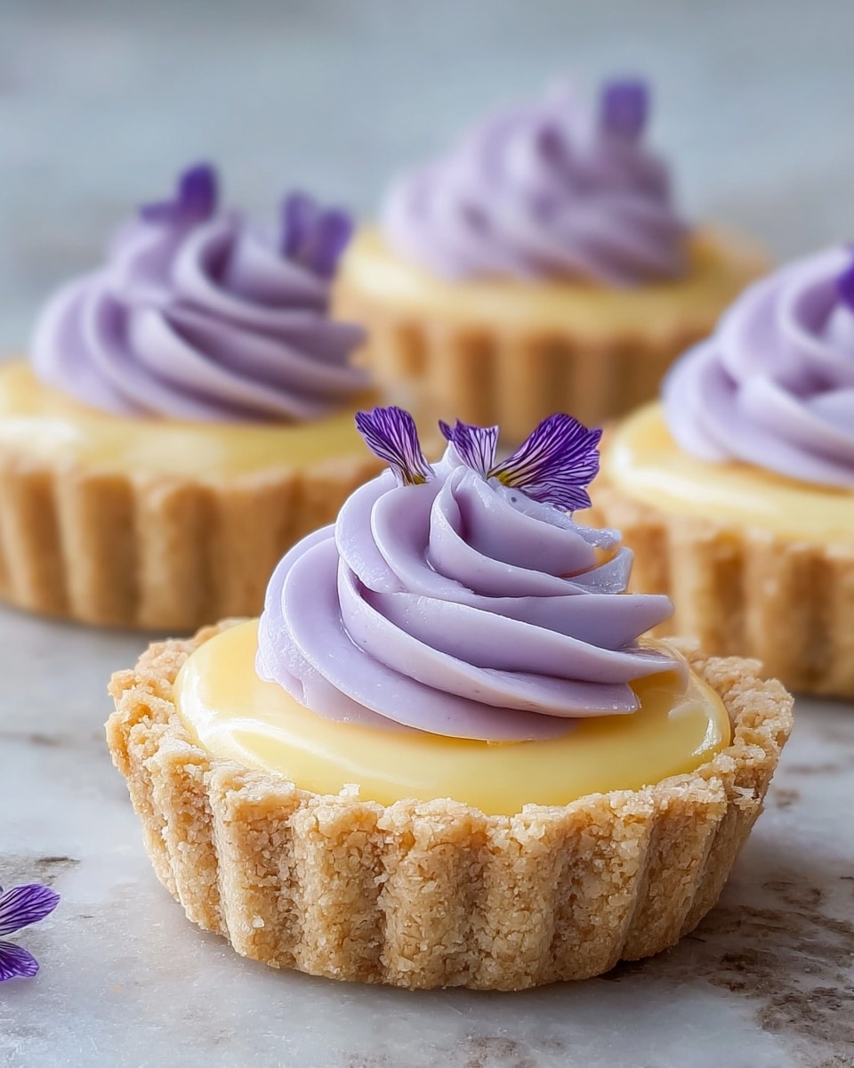 The image shows four small tartlets with a light golden, crumbly crust forming the base and sides. Each tartlet is filled with a smooth, glossy pale yellow cream, topped with a thick swirl of soft lavender-colored whipped topping placed in a circular pattern. On top of the whipped cream, three small purple flower petals are delicately placed as decoration. The tartlets are set on a surface with a white marbled texture in soft focus. photo taken with an iphone --ar 4:5 --v 7