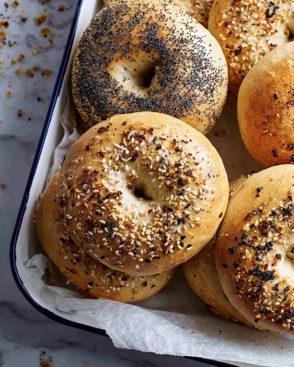 A close-up image of five freshly baked bagels placed closely together on white parchment paper inside a white tray with a blue rim. The bagels show a golden brown crust with different toppings: one sprinkled with black poppy seeds, another topped with white sesame seeds, and the central bagel covered in a mix of sesame seeds, black seeds, and toasted bits of seasoning. The textures appear soft and slightly chewy with a round shape and a hole in the middle of each bagel. The background is a white marbled surface, and some crumbs are scattered around the tray. photo taken with an iphone --ar 4:5 --v 7