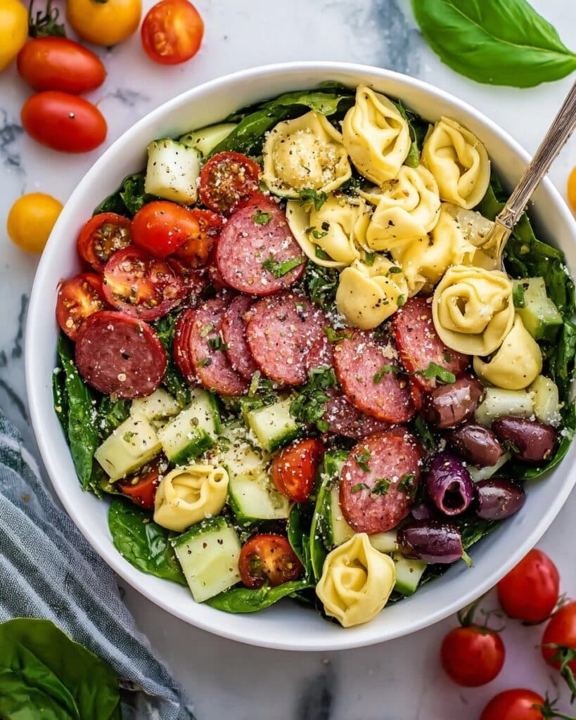 Tortellini Pasta Salad with Fresh Vegetables, Salami, and Herb Vinaigrette Recipe