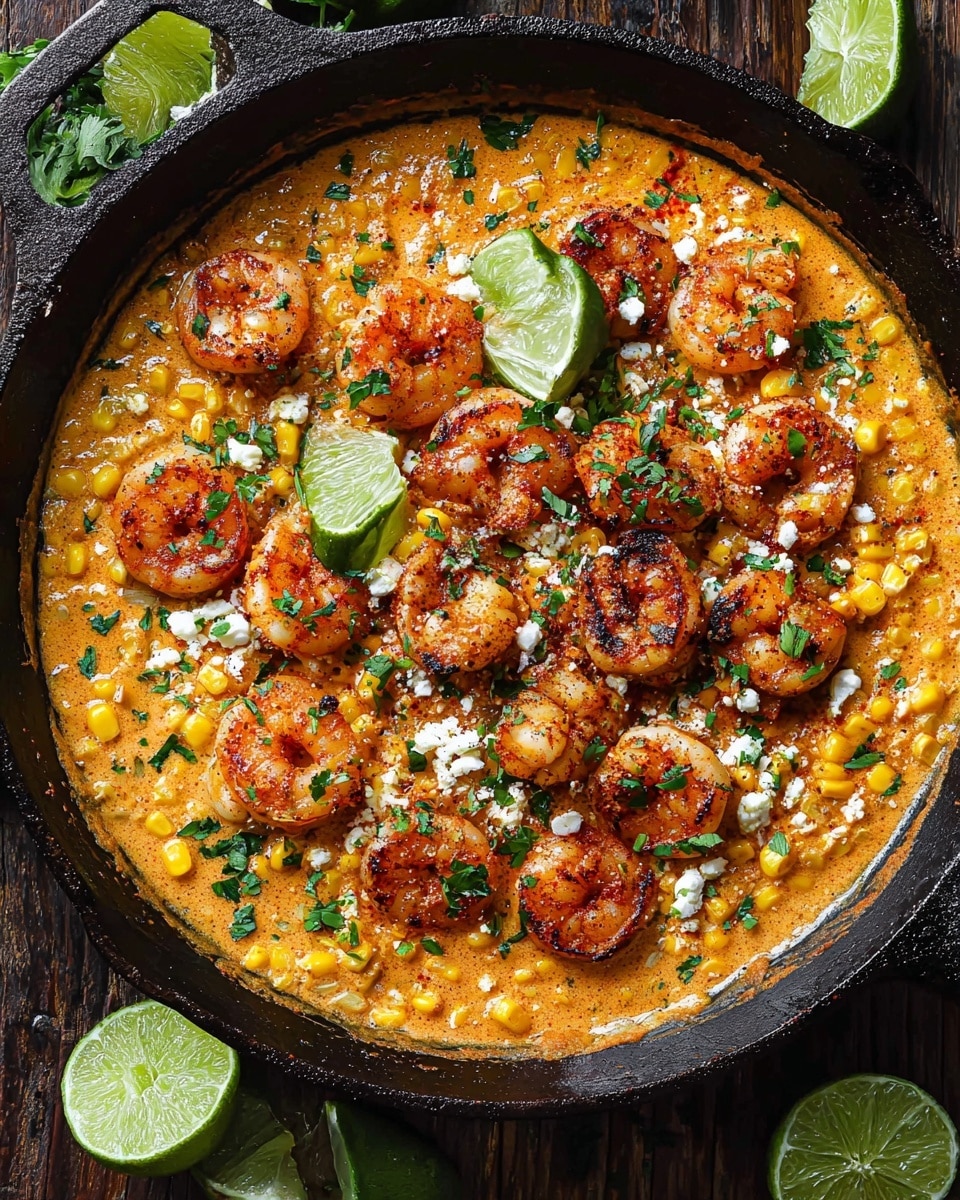 A close-up view of a black cast iron pan filled with a creamy orange sauce mixed with small charred corn pieces scattered throughout, topped with two layers of reddish-orange cooked shrimp sprinkled with finely chopped green herbs and white crumbly cheese. Lime wedges sit on the shrimp and sauce, adding bright green color and fresh detail. The pan rests on a dark wooden surface with extra lime wedges placed around it. The dish looks rich and vibrant with a mix of creamy, grilled, and fresh elements. photo taken with an iphone --ar 4:5 --v 7