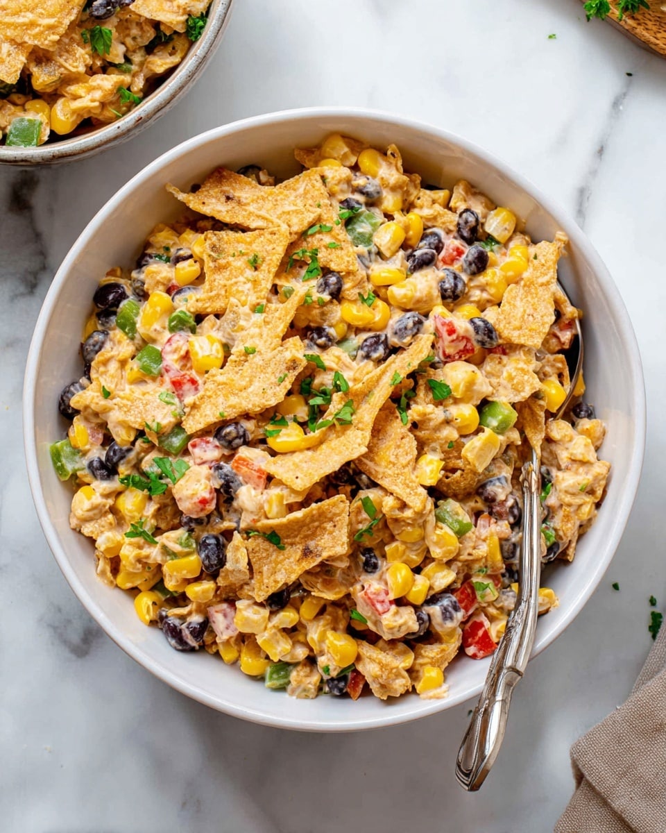 A white bowl filled with a colorful mix of ingredients showing about four layers: yellow corn kernels scattered throughout, black beans mixed evenly, small green and red bell pepper chunks, and broken pieces of crispy tortilla chips on top. The mixture looks creamy with a light sauce binding it all together. Small bits of fresh parsley are sprinkled over the top, adding a touch of green. A silver spoon is placed inside the bowl, which sits on a white marbled surface, with a glimpse of another bowl of the same dish in the top right corner. photo taken with an iphone --ar 4:5 --v 7