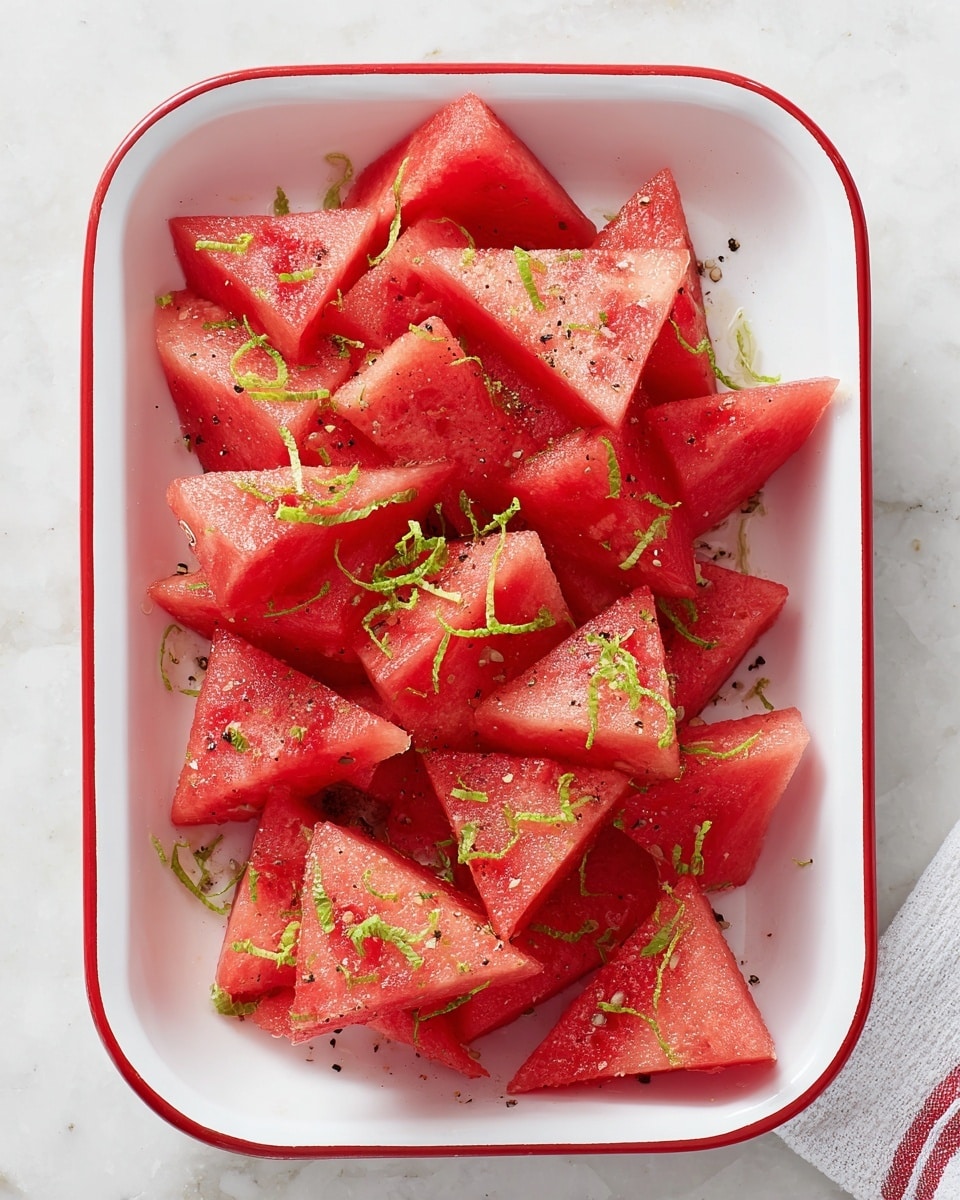 A white rectangular dish with a red rim holds many triangular slices of bright red watermelon, each piece showing a juicy texture. The watermelon slices are sprinkled with small green bits of mint leaves and thin, curly strips of lime zest, scattered evenly on top. Tiny black pepper flakes and specks of salt are visible on the watermelon surface, giving a fresh and slightly spicy look. The dish is seen from above, set on a white marbled surface. photo taken with an iphone --ar 4:5 --v 7
