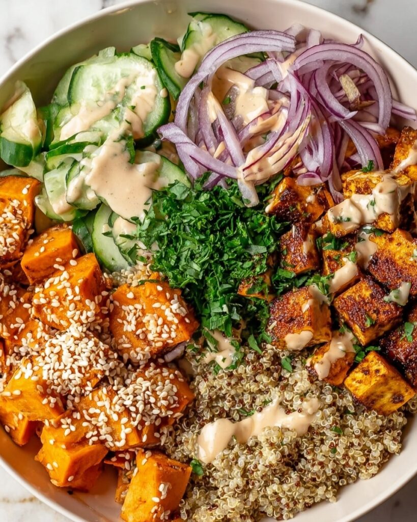 Warm Tahini Grain Bowl with Sweet Potatoes and Tofu Recipe