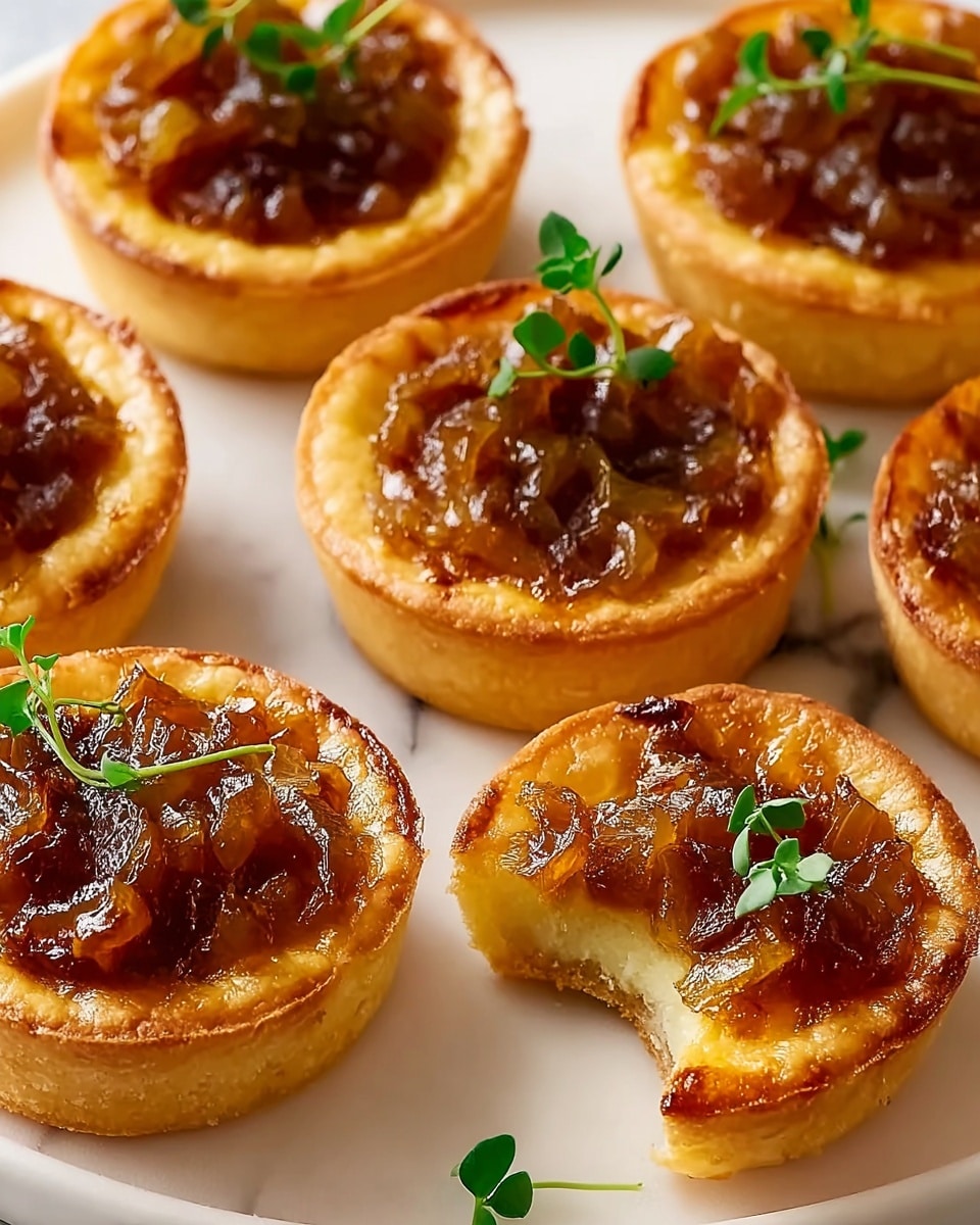 The image shows small round tarts on a white plate with a white marbled texture underneath. Each tart has a golden-brown crust that is slightly crispy and thick. Inside, there is a thick, chunky topping of caramelized onion that is shiny and amber-colored, sitting just below the edge of the crust. On top of the onion layer, small green herb sprigs add a fresh touch. Two of the tarts have visible bites taken out, showing a soft, creamy inside with the same golden crust outside. Scattered small green leaves decorate the space between the tarts. photo taken with an iphone --ar 4:5 --v 7